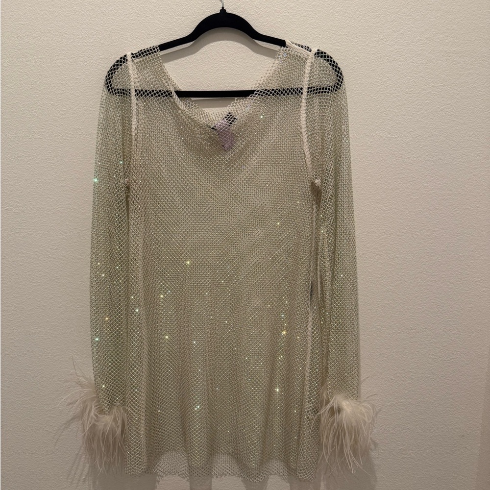 Sparkling Mesh Dress with Feather Cuffs
